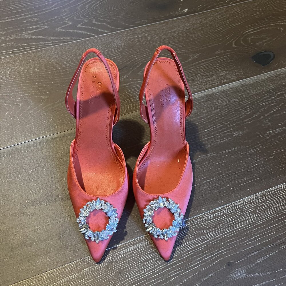 ASOS Design coral satin embellished slingback heels